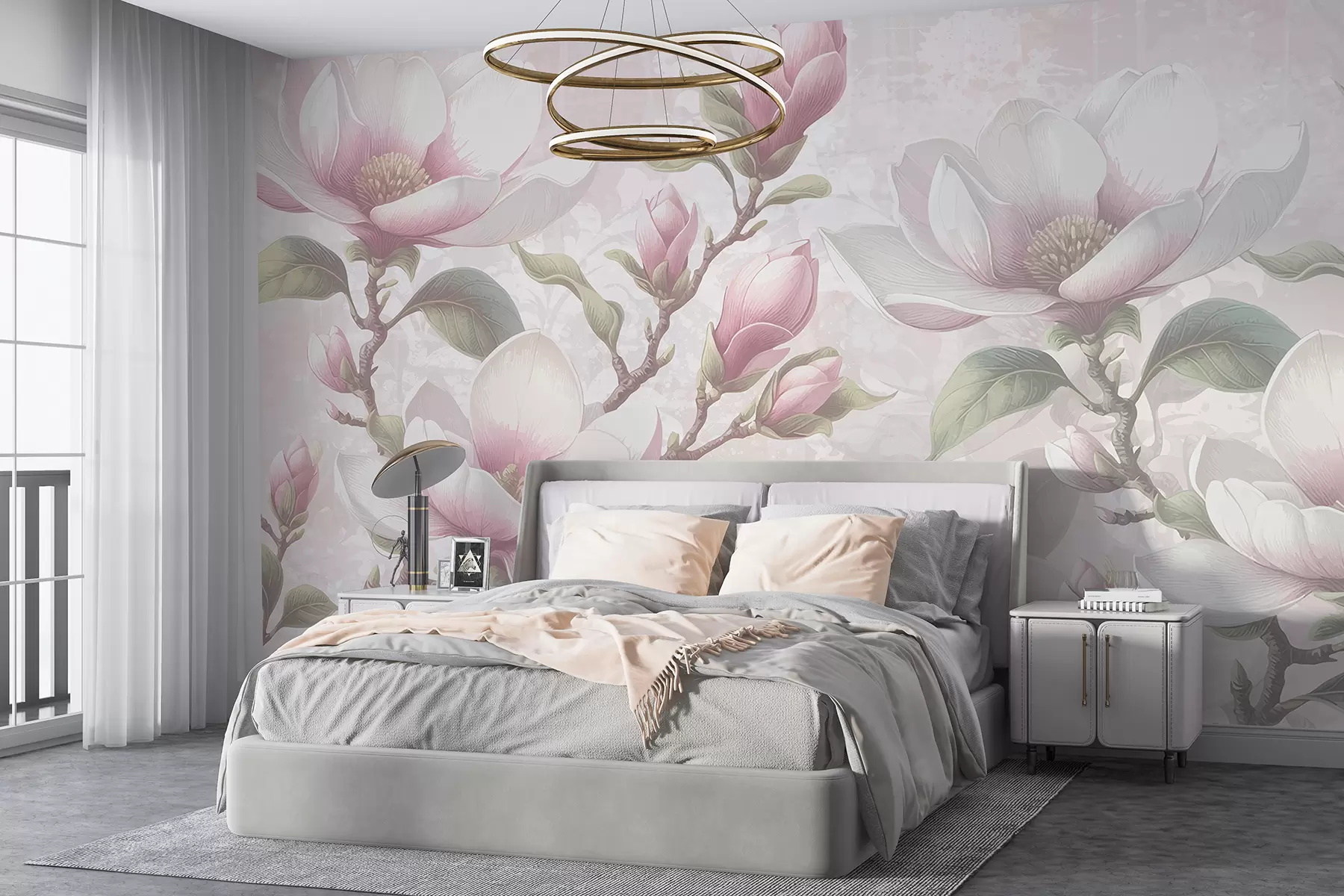 murales de pared Delicadas flores de magnolia rosa en plena floración sobre un fondo suave y borroso. w08216