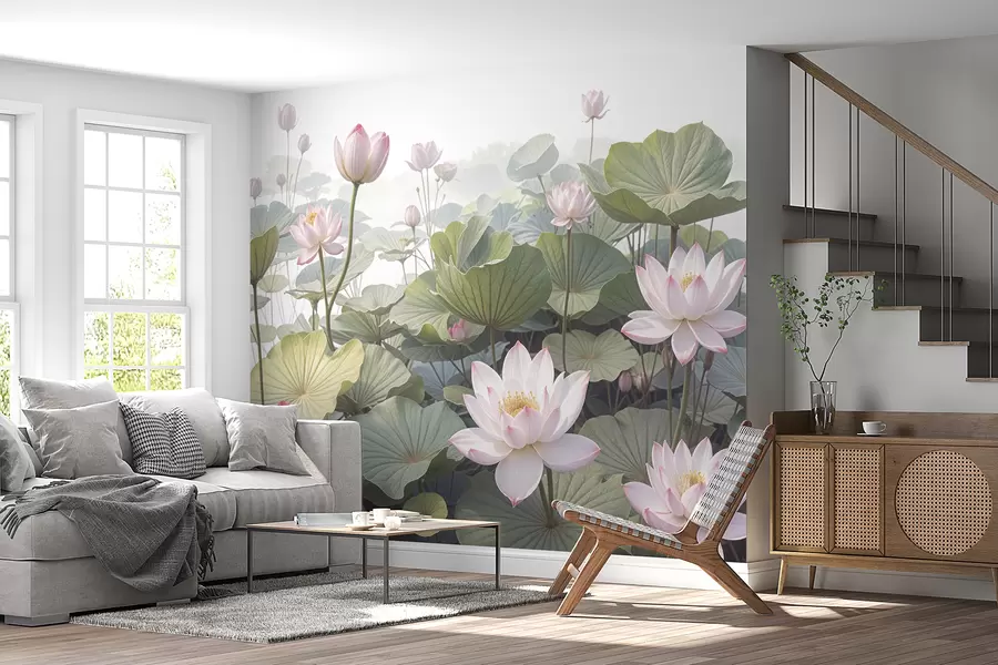murales de pared Flores de loto rosas y blancas con grandes hojas verdes, rodeadas de un fondo atmosférico y brumoso w08221