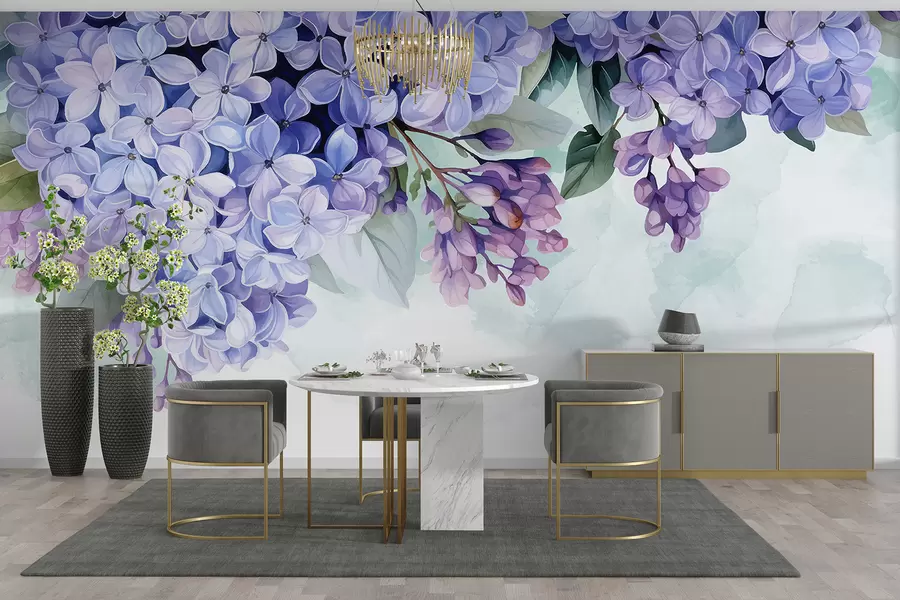 murales de pared Flores de hortensia de color púrpura vibrante con hojas verdes, que llenan el marco contra un fondo suave y borroso w08223