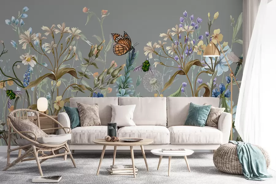murales de pared Una colorida ilustración azul de una escena de jardín de flores exuberantes con insectos en un estilo fantástico y onírico w08234