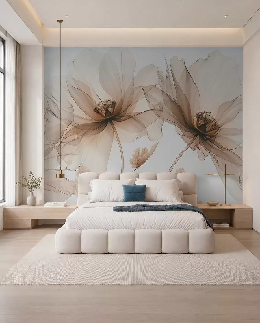 murales de pared Delicada flor transparente estilo rayos X sobre fondo blanco Diseño botánico monocromático minimalista w01482