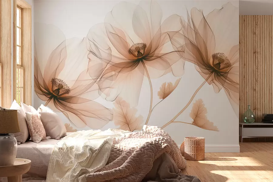 murales de pared Delicada flor transparente estilo rayos X sobre fondo blanco Diseño botánico monocromático minimalista w01482