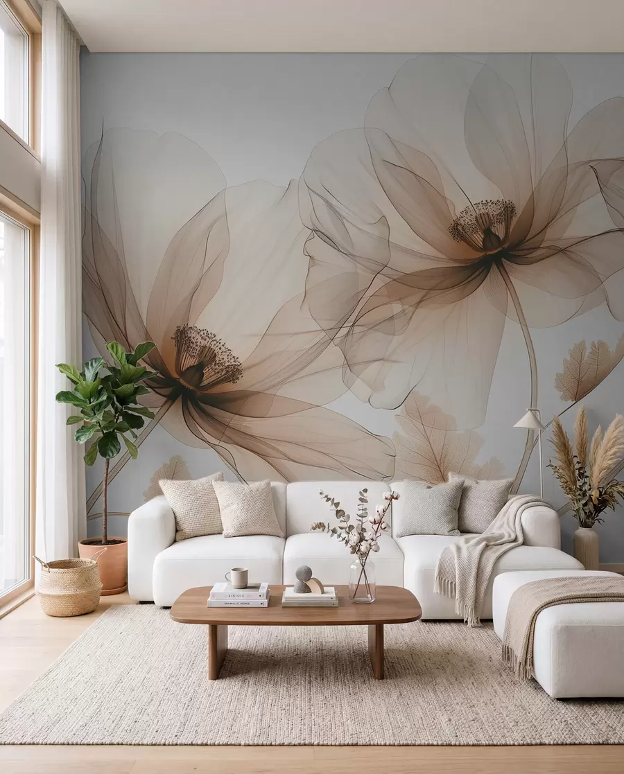 murales de pared Delicada flor transparente estilo rayos X sobre fondo blanco Diseño botánico monocromático minimalista w01482