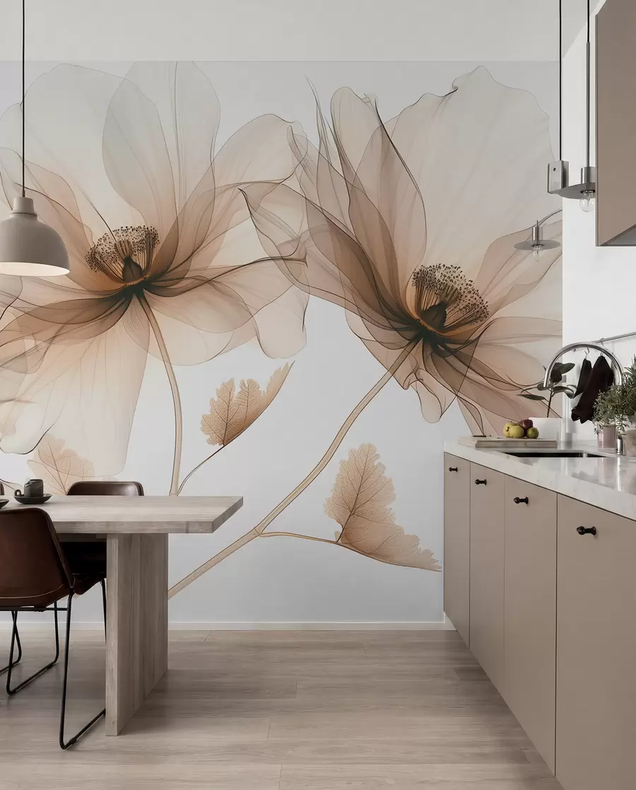 murales de pared Delicada flor transparente estilo rayos X sobre fondo blanco Diseño botánico monocromático minimalista w01482