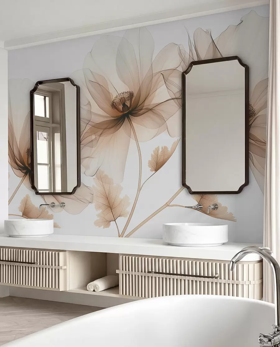 murales de pared Delicada flor transparente estilo rayos X sobre fondo blanco Diseño botánico monocromático minimalista w01482