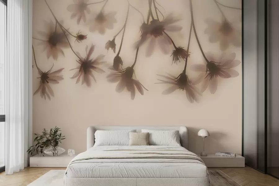 murales de pared Delicadas flores en la niebla colgando desde arriba en colores rosados w01469