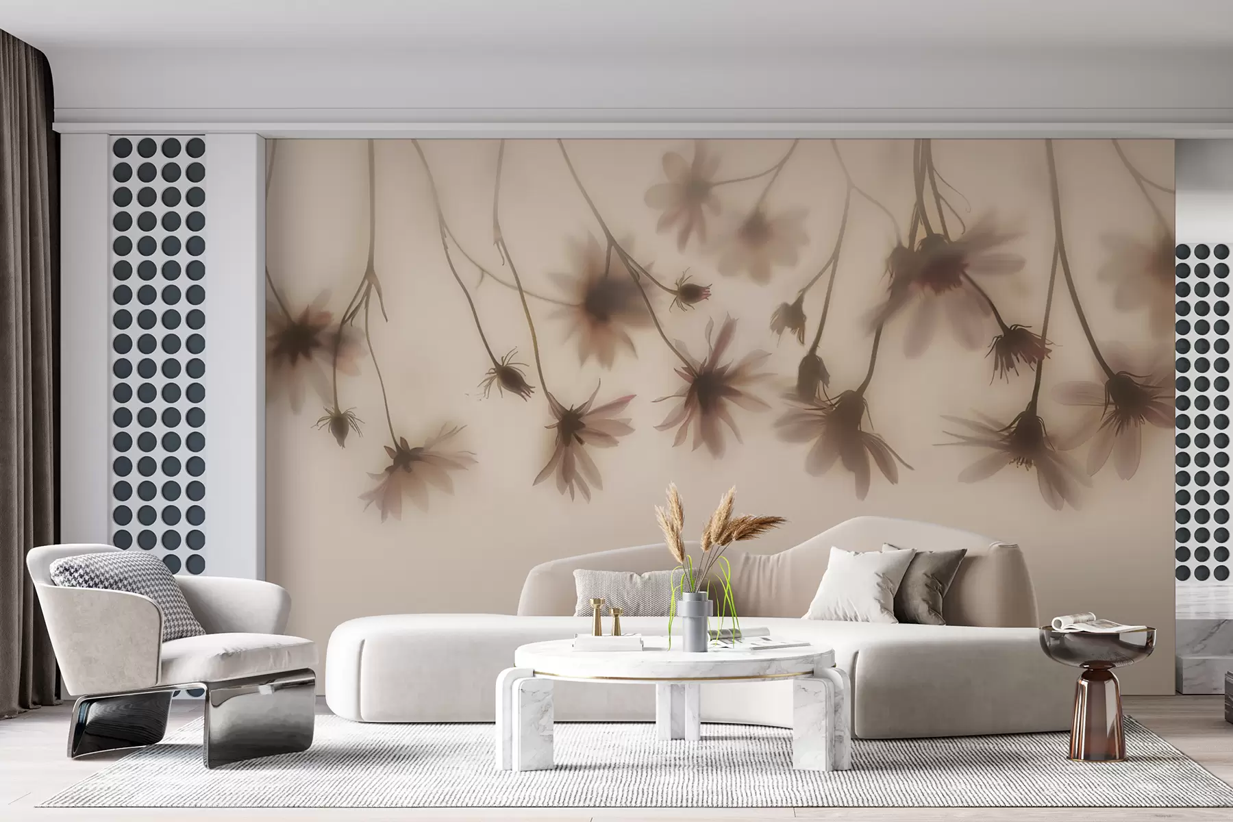 murales de pared Delicadas flores en la niebla colgando desde arriba en colores rosados w01469