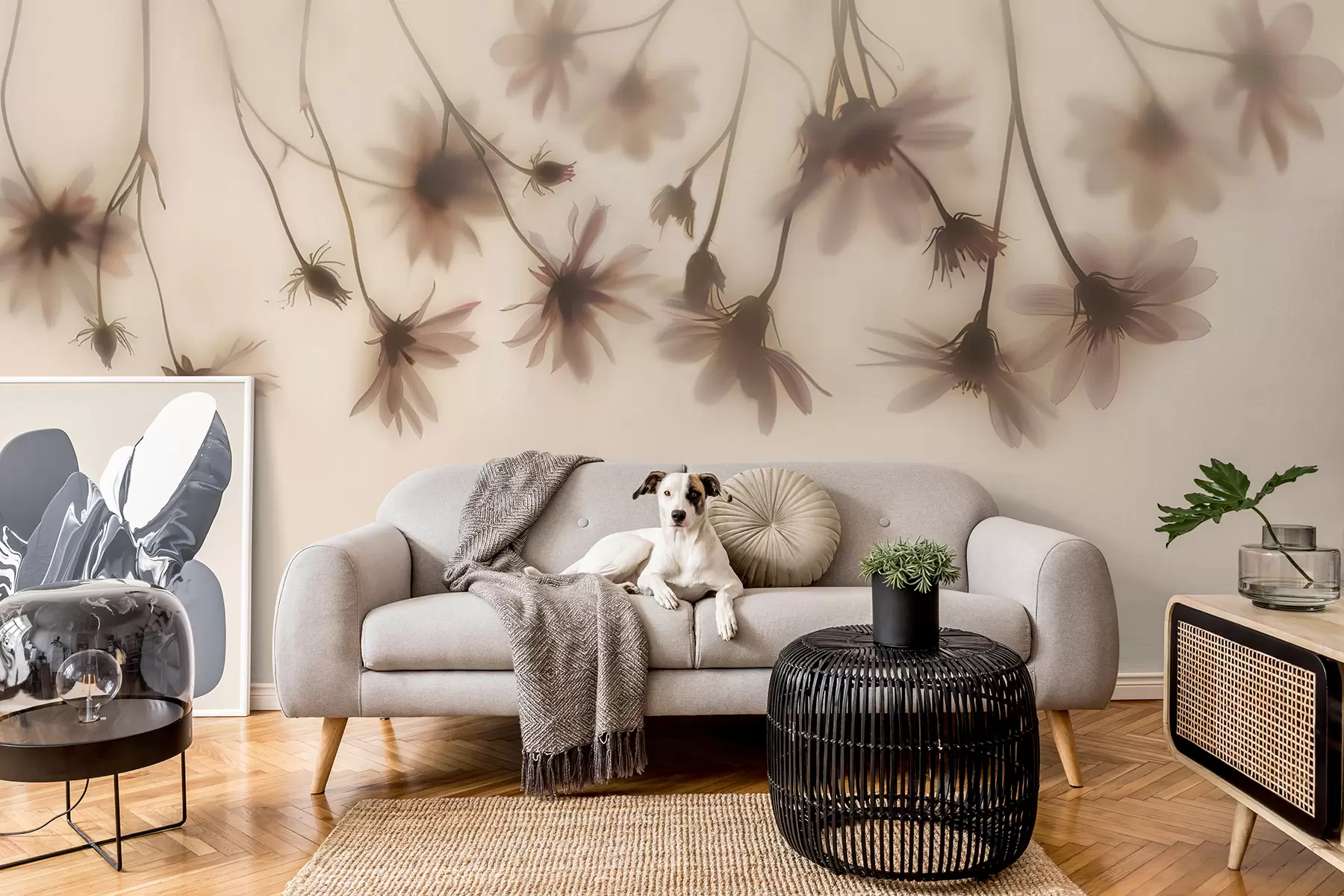 murales de pared Delicadas flores en la niebla colgando desde arriba en colores rosados w01469