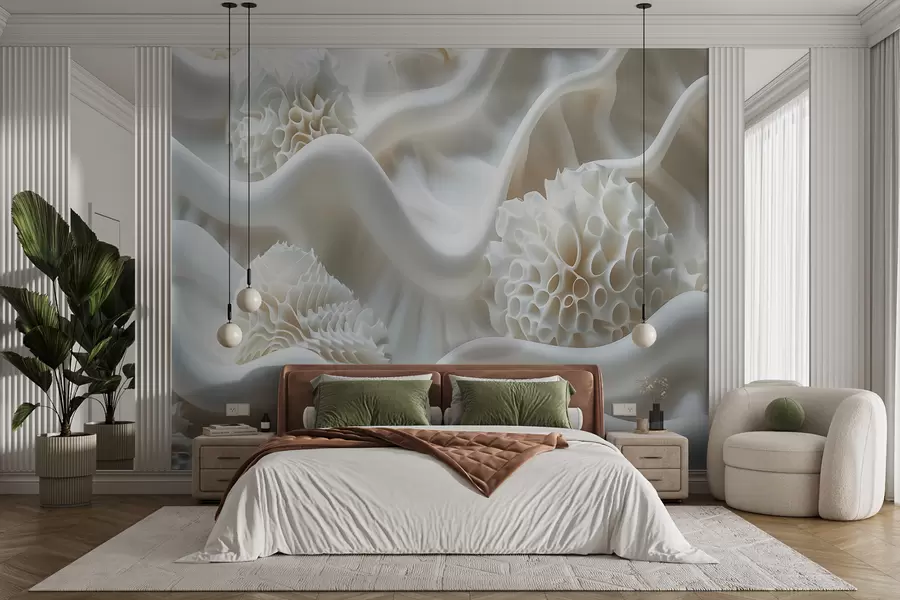 murales de pared Fondo abstracto ondulado de formas blancas en estilo 3D w01475