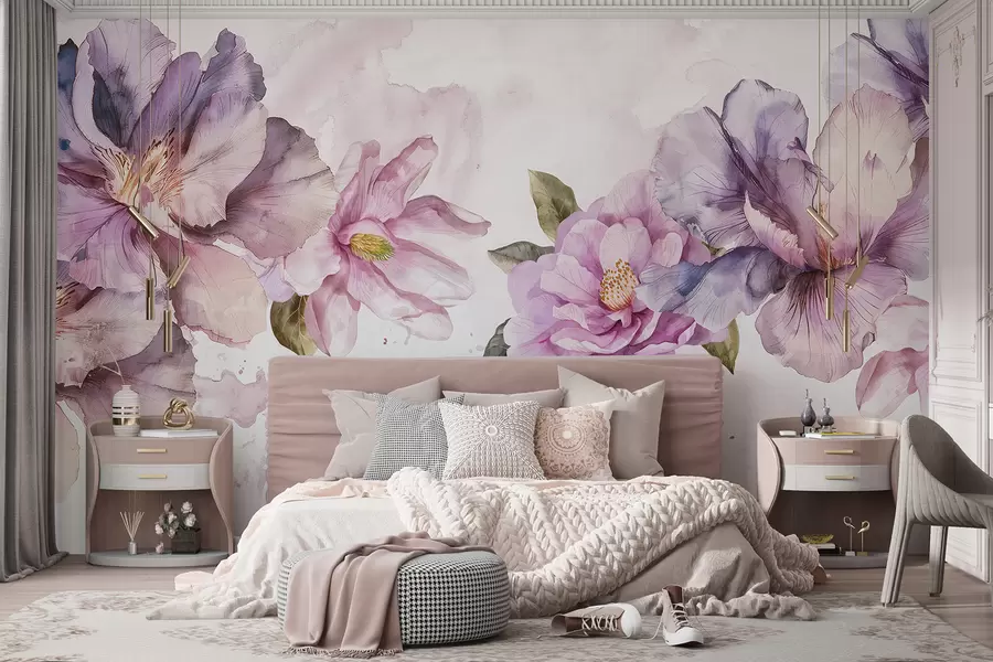murales de pared Delicadas flores de acuarela de color rosa y morado con pétalos suaves y hojas verdes sobre un fondo claro w08238