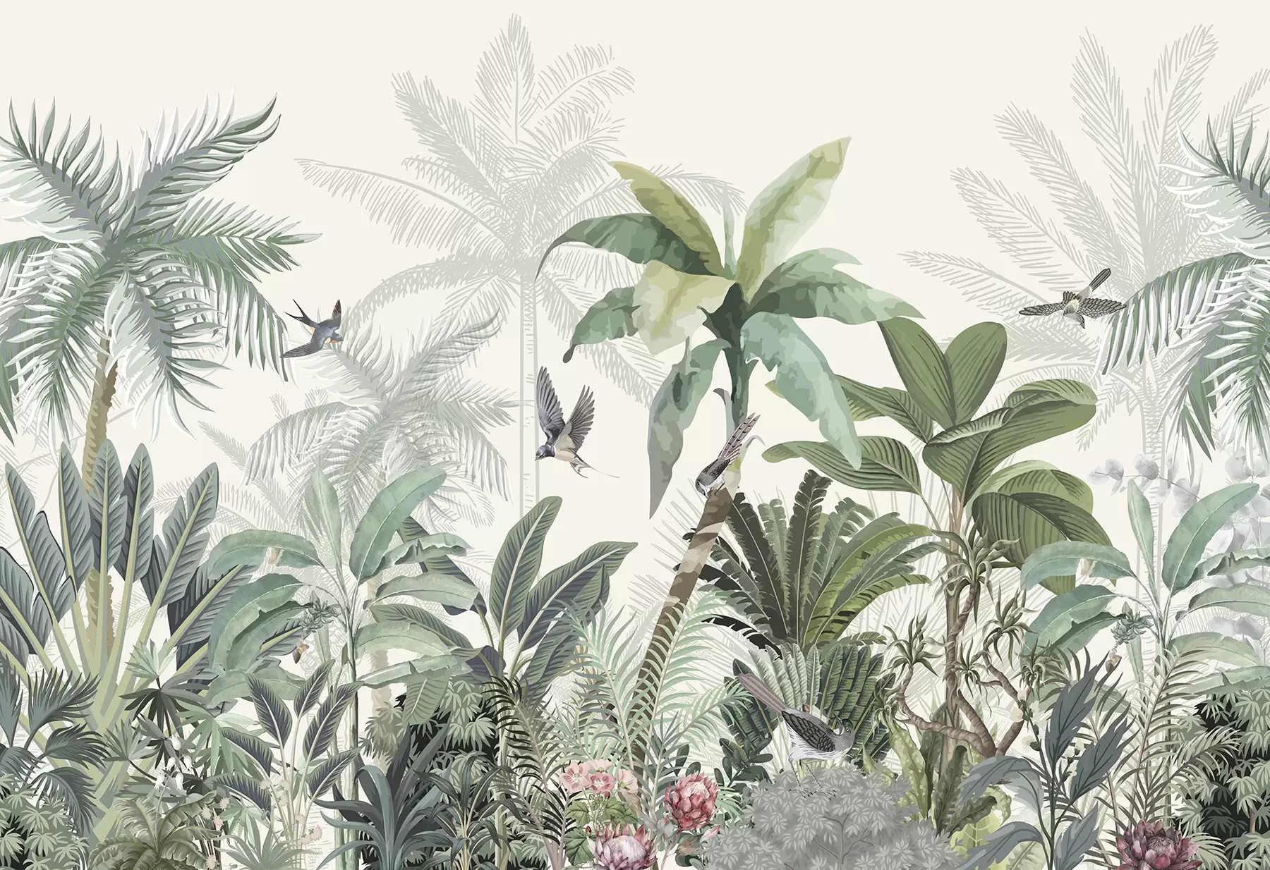 murales de pared Una exuberante escena de jungla tropical con varias palmeras, hojas grandes y flores coloridas en primer plano w08239