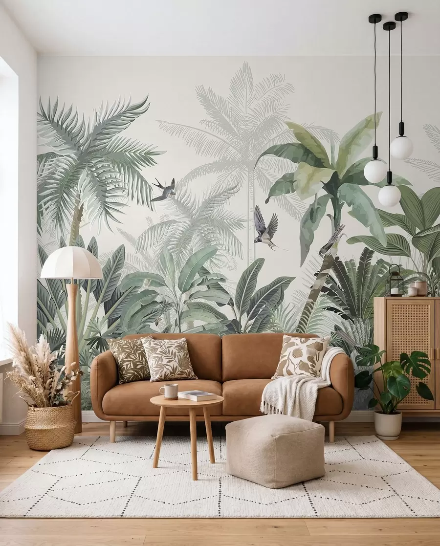 murales de pared Una exuberante escena de jungla tropical con varias palmeras, hojas grandes y flores coloridas en primer plano w08239