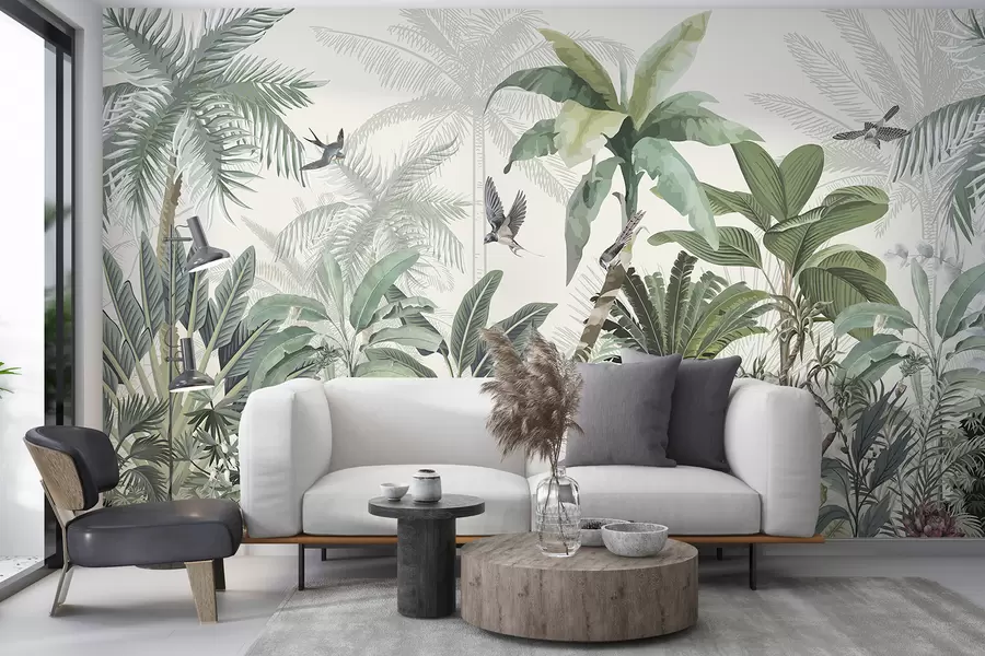 murales de pared Una exuberante escena de jungla tropical con varias palmeras, hojas grandes y flores coloridas en primer plano w08239