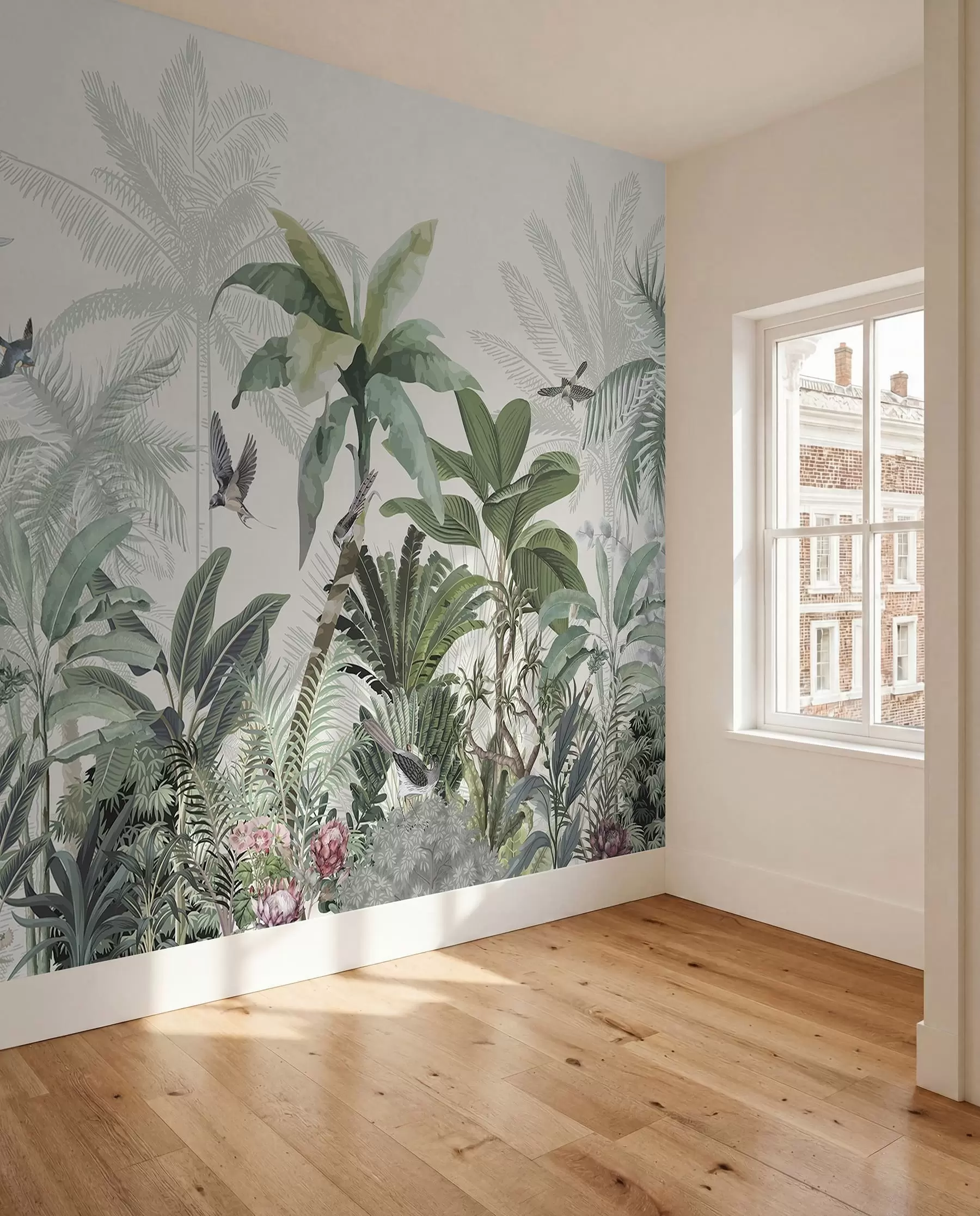 murales de pared Una exuberante escena de jungla tropical con varias palmeras, hojas grandes y flores coloridas en primer plano w08239