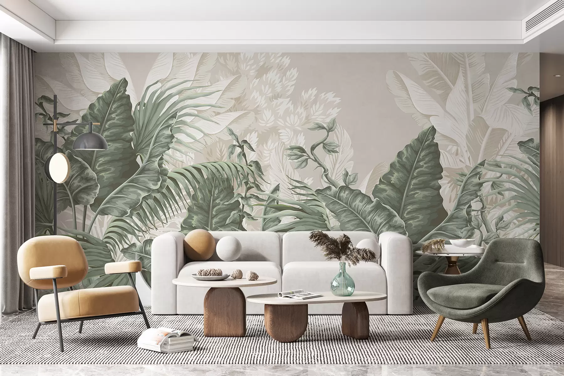 murales de pared Una escena de jungla tropical con grandes hojas verdes y flores en primer plano, creando una atmósfera exuberante. w08242v1