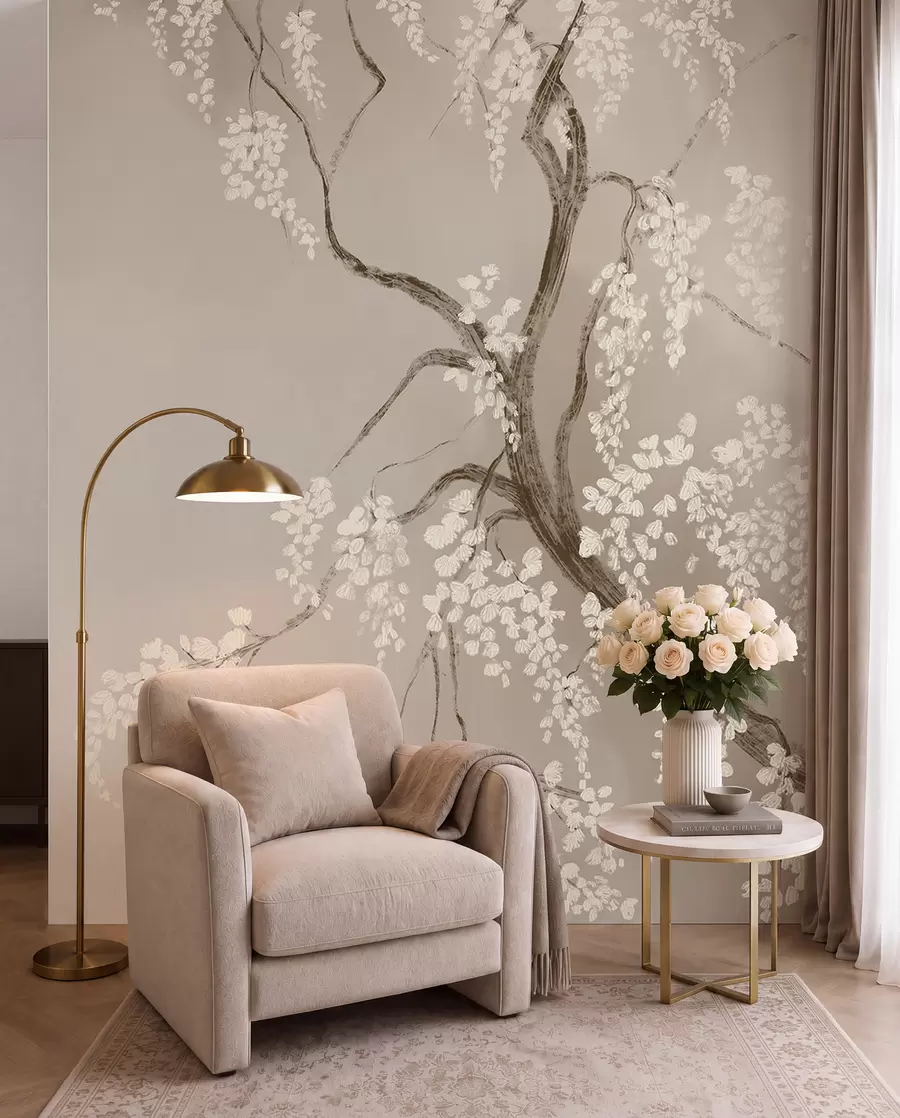 murales de pared Delicado cerezo blanco con flores floreciendo en las ramas sobre un fondo beige w08243