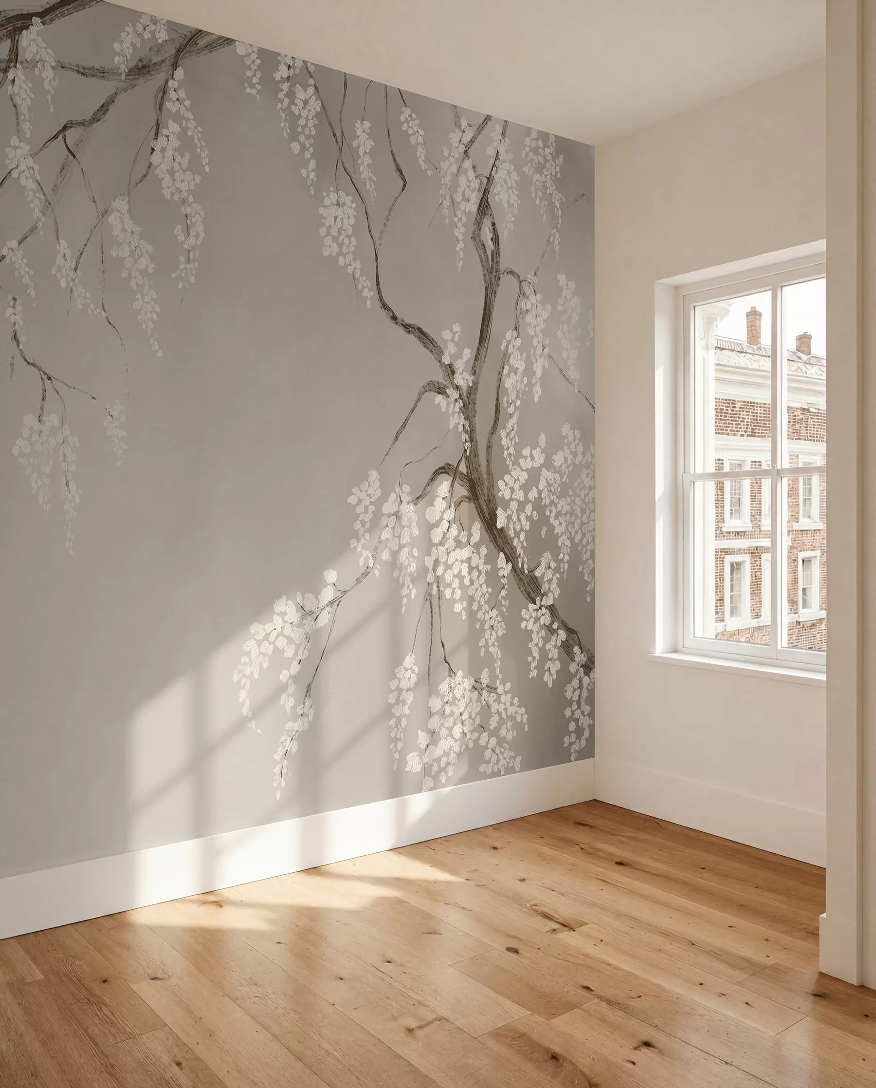 murales de pared Delicado cerezo blanco con flores floreciendo en las ramas sobre un fondo beige w08243