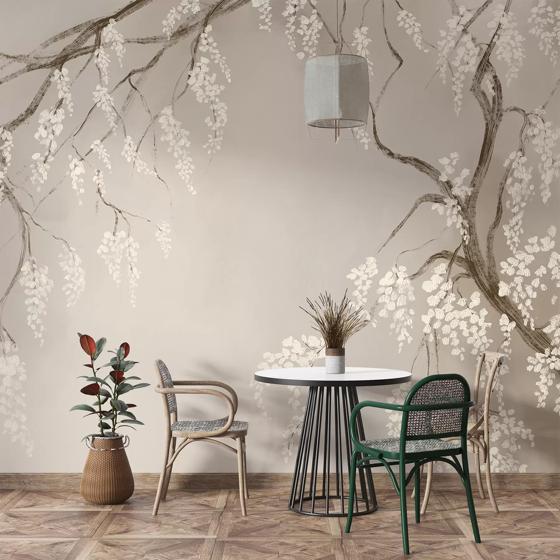 murales de pared Delicado cerezo blanco con flores floreciendo en las ramas sobre un fondo beige w08243