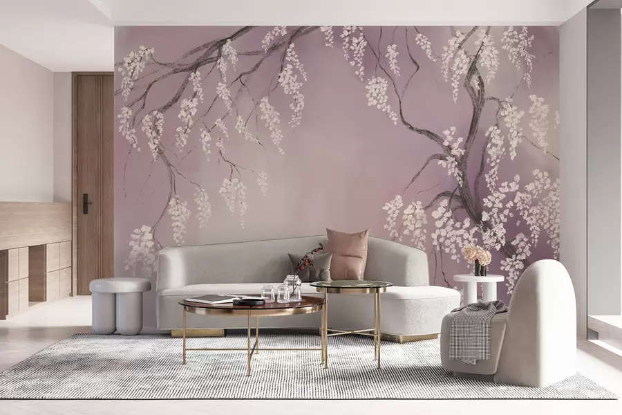 murales de pared Delicado cerezo blanco con flores floreciendo en las ramas sobre un fondo rosa w08243v2