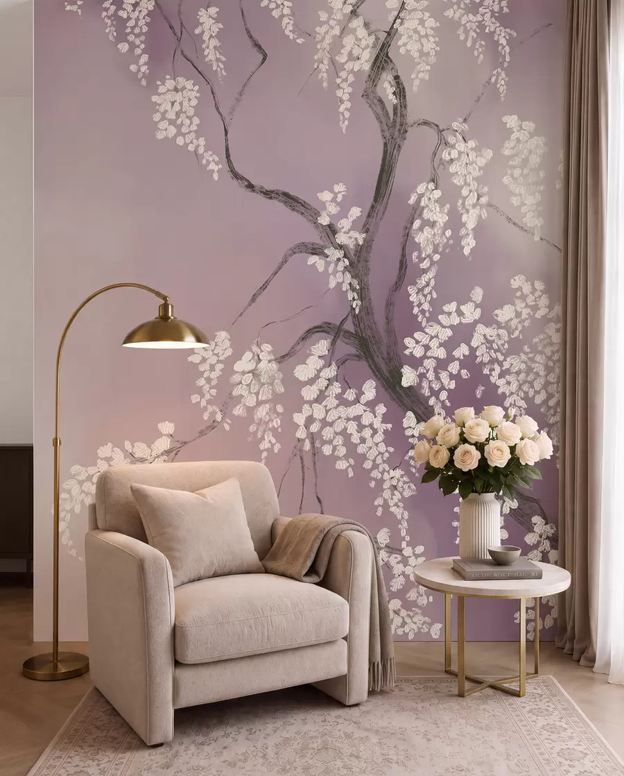murales de pared Delicado cerezo blanco con flores floreciendo en las ramas sobre un fondo rosa w08243v2