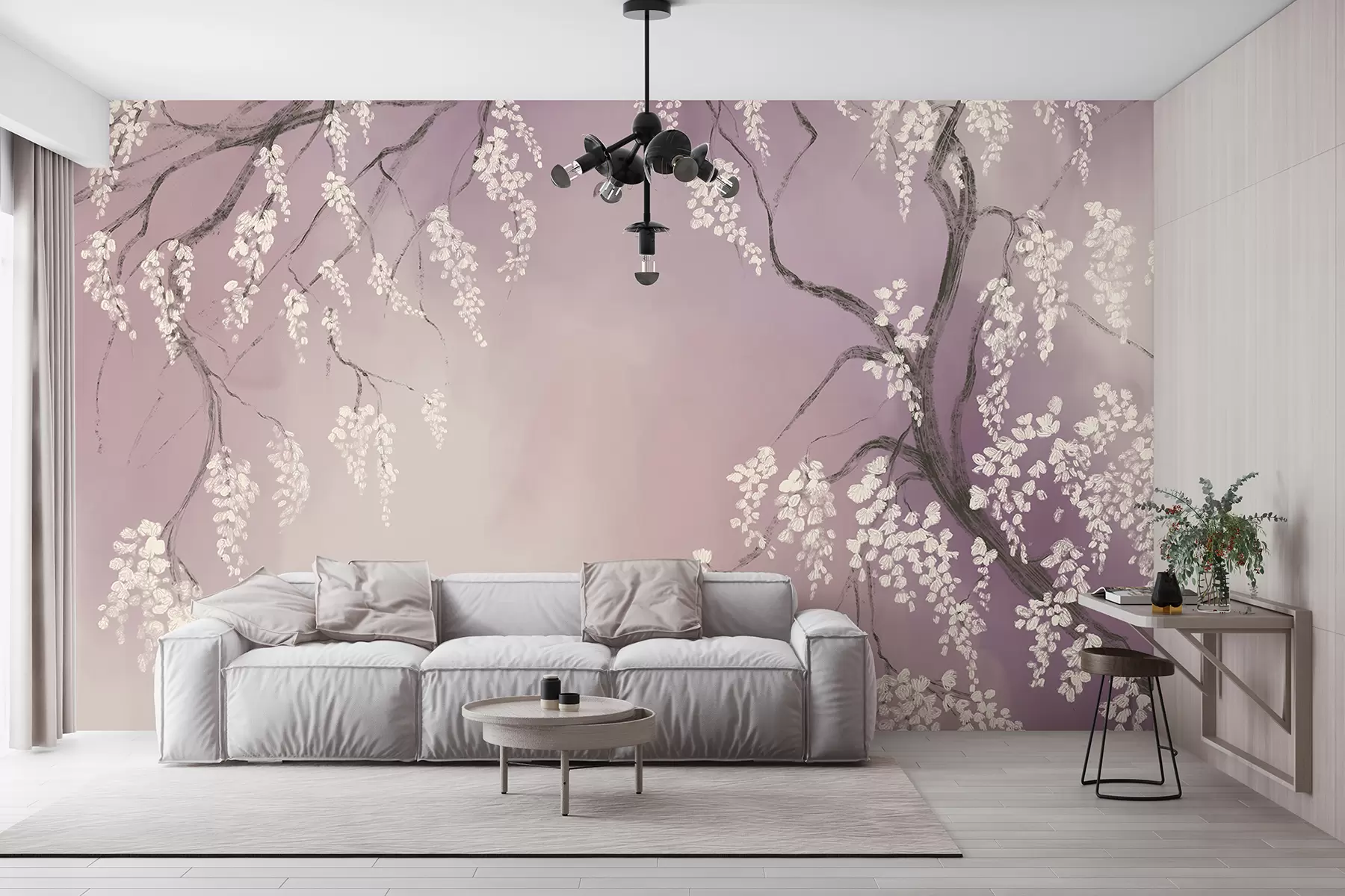 murales de pared Delicado cerezo blanco con flores floreciendo en las ramas sobre un fondo rosa w08243v2