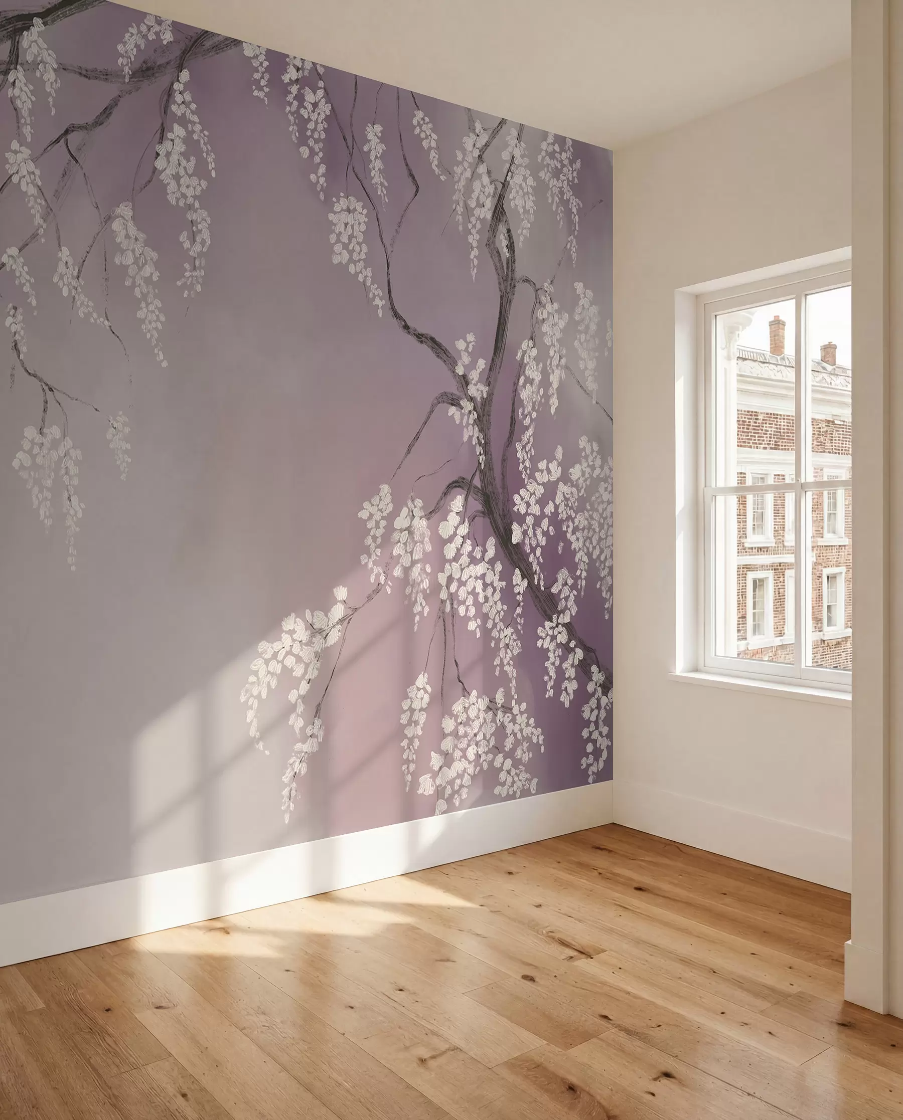 murales de pared Delicado cerezo blanco con flores floreciendo en las ramas sobre un fondo rosa w08243v2