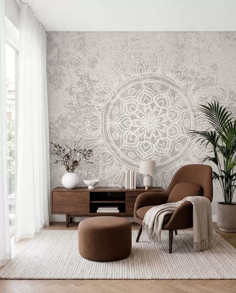 murales de pared Un patrón de mandala blanco detallado sobre un fondo vintage texturizado de color gris claro w08246