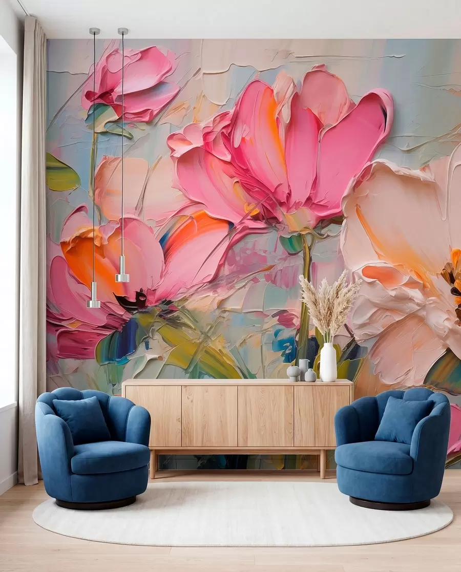 murales de pared Flores de color rosa brillante sobre un fondo gris azulado claro w01039