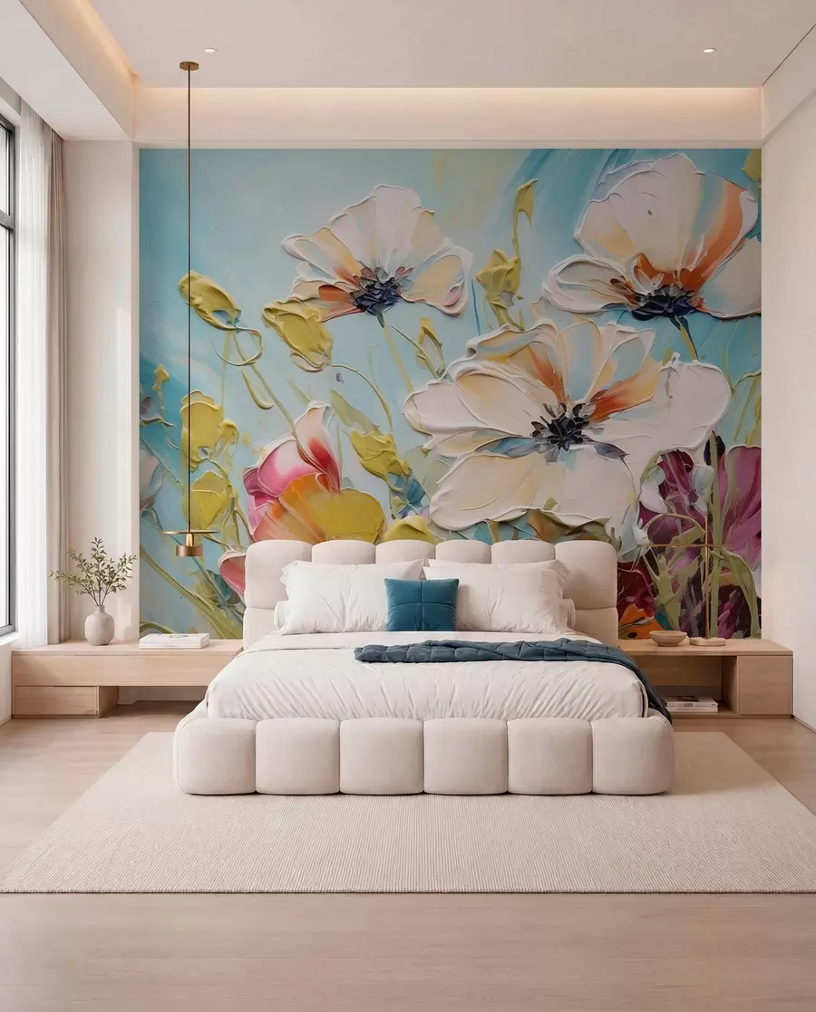 murales de pared Amapolas blancas abstractas sobre fondo azul, imitación de pinceladas w01043