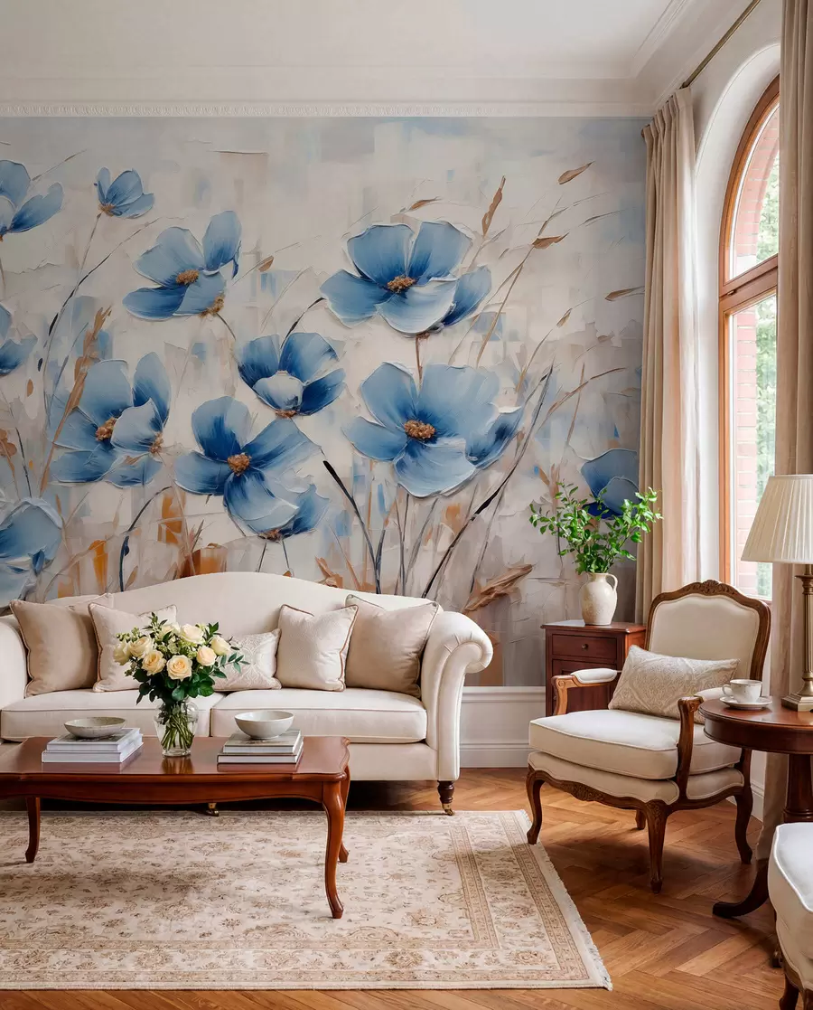 murales de pared Flores azules sobre fondo abstracto, imitación de pinceladas de óleo w01045