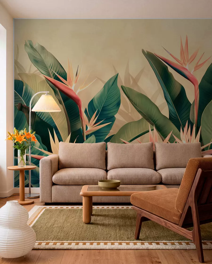 murales de pared Arreglo exuberante de flores tropicales rodeadas de grandes hojas de color verde oscuro w01484v1