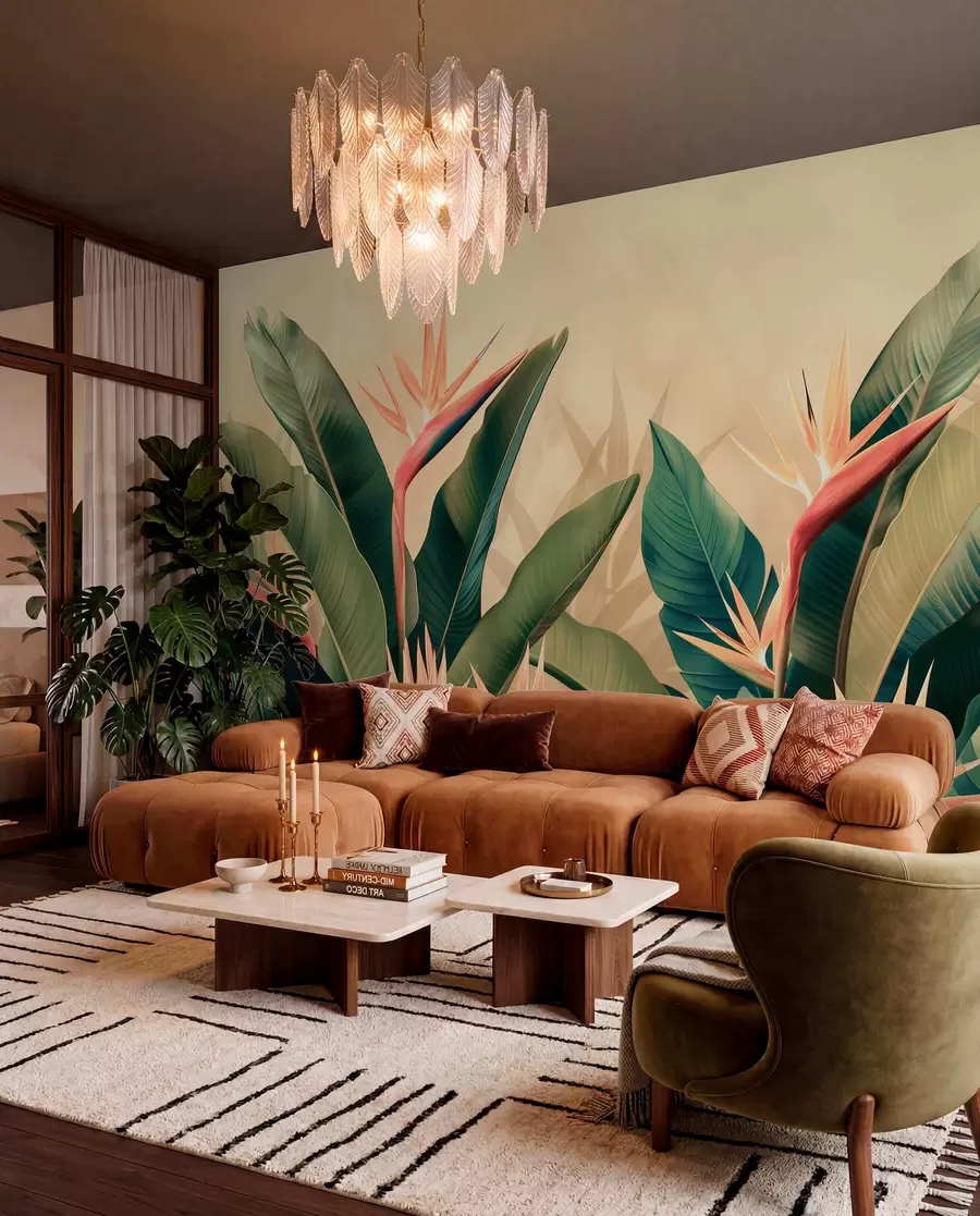 murales de pared Arreglo exuberante de flores tropicales rodeadas de grandes hojas de color verde oscuro w01484v1