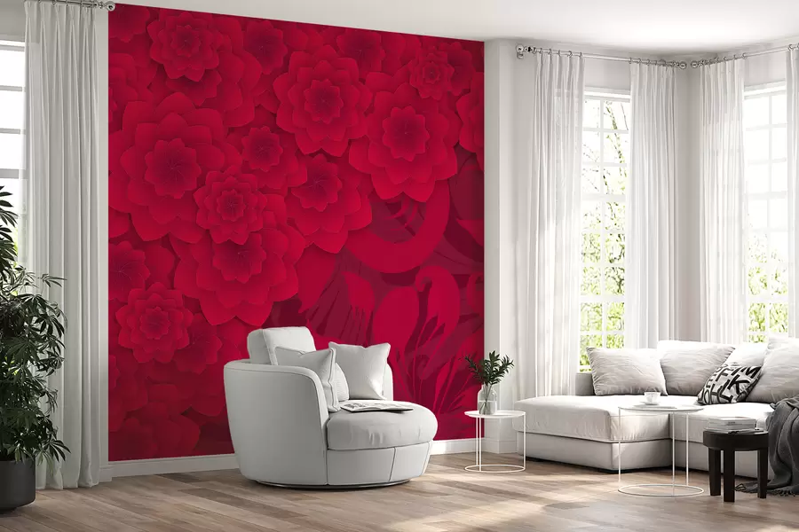 murales de pared papel pintado burdeos con grandes flores de imitación de volumen sobre el fondo de un motivo ornamental w01051