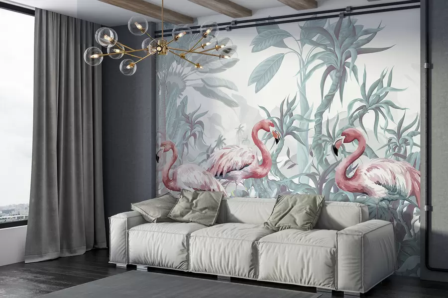 murales de pared Flamencos rosas de pie en un exuberante follaje tropical con grandes hojas de palmera y flores en tonos verdes y blancos w08250v1
