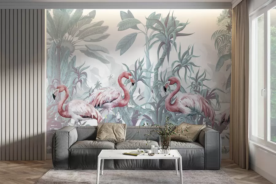 murales de pared Flamencos rosas de pie en un exuberante follaje tropical con grandes hojas de palmera y flores en tonos verdes y blancos w08250v1