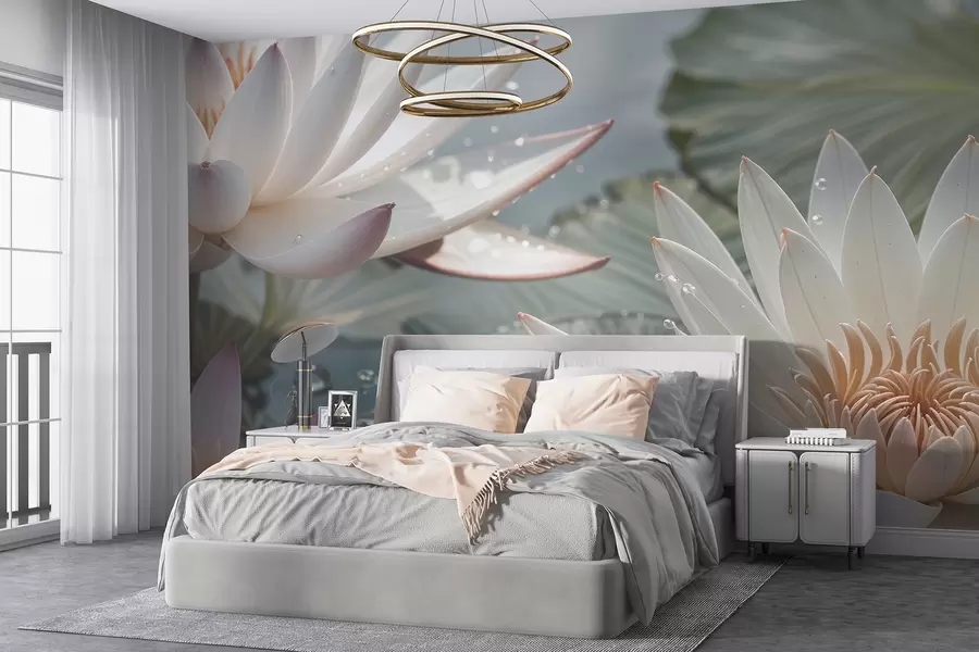 murales de pared Primer plano de flores de loto blancas con gotas de agua en sus pétalos sobre un fondo verde difuminado w08252