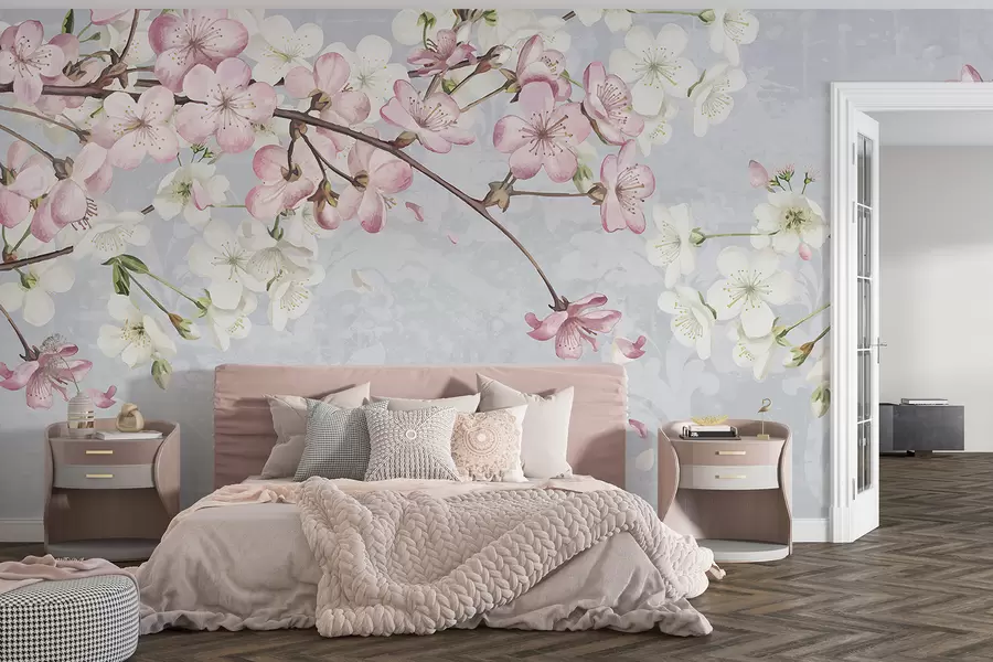 murales de pared Flores de cerezo rosas y blancas en plena floración, con suaves pétalos que caen sobre un fondo azul texturizado w08254