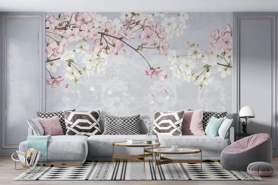 murales de pared Flores de cerezo rosas y blancas en plena floración, con suaves pétalos que caen sobre un fondo azul texturizado w08254