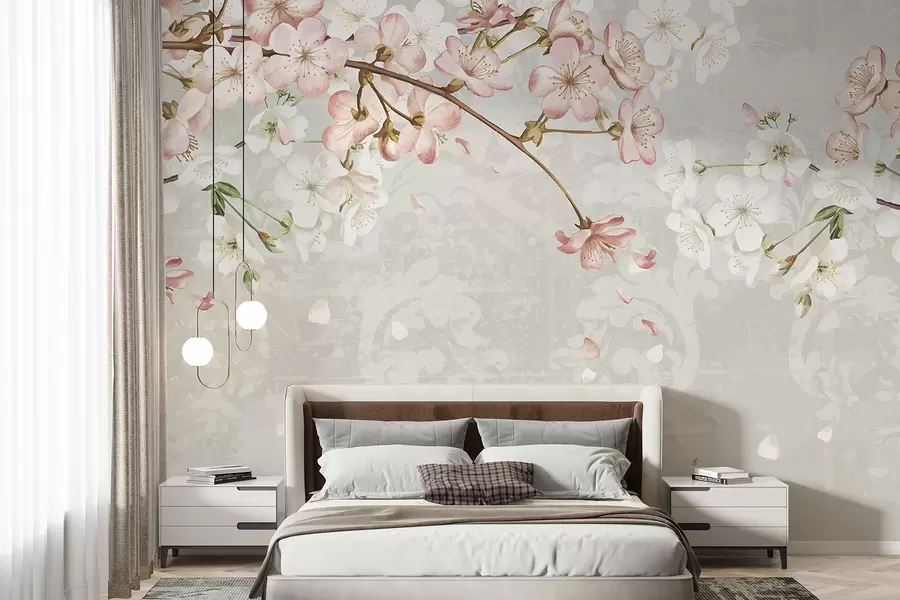 murales de pared Flores de cerezo rosas y blancas en plena floración, con suaves pétalos que caen sobre un fondo beige texturizado w08254v1