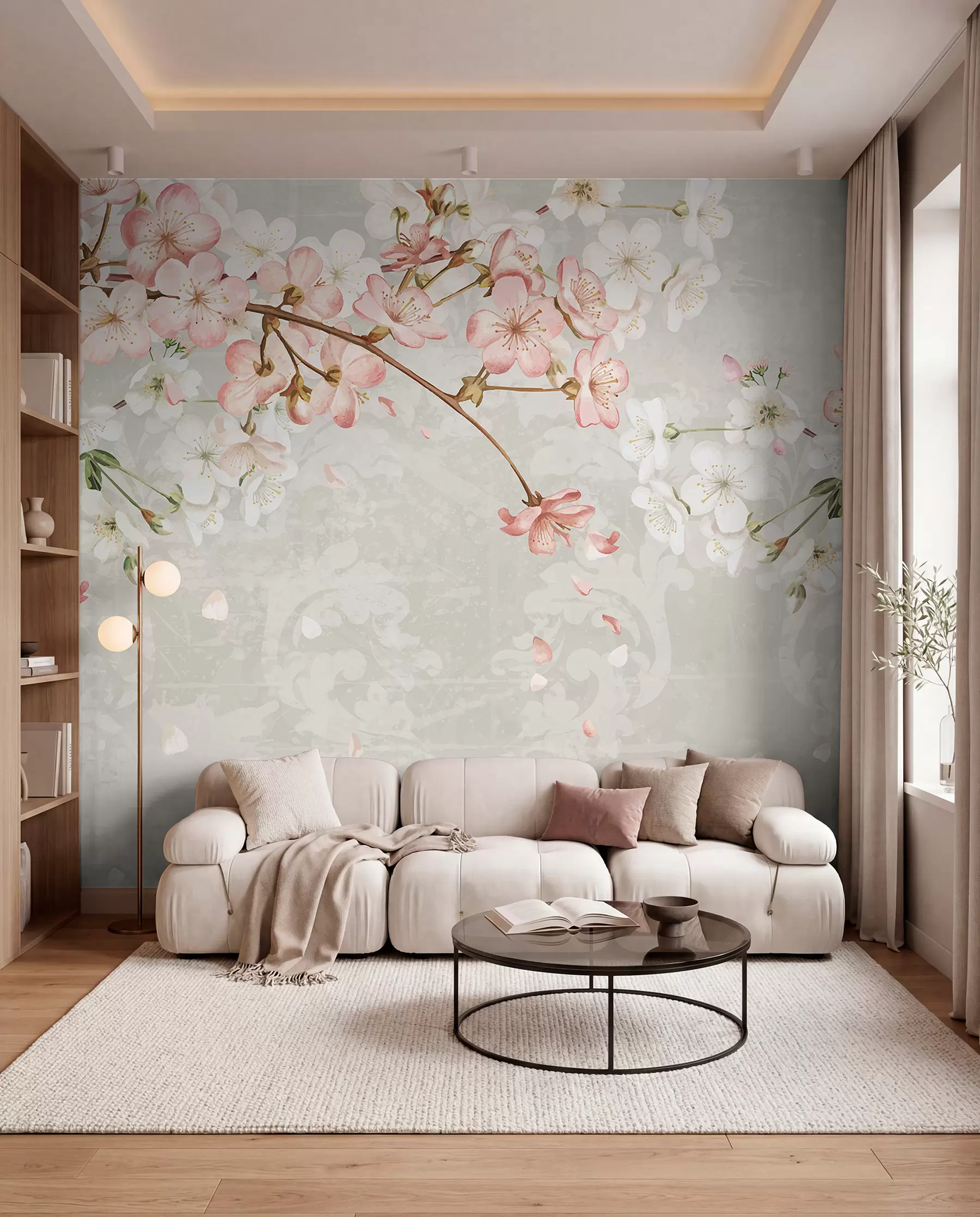 murales de pared Flores de cerezo rosas y blancas en plena floración, con suaves pétalos que caen sobre un fondo beige texturizado w08254v1