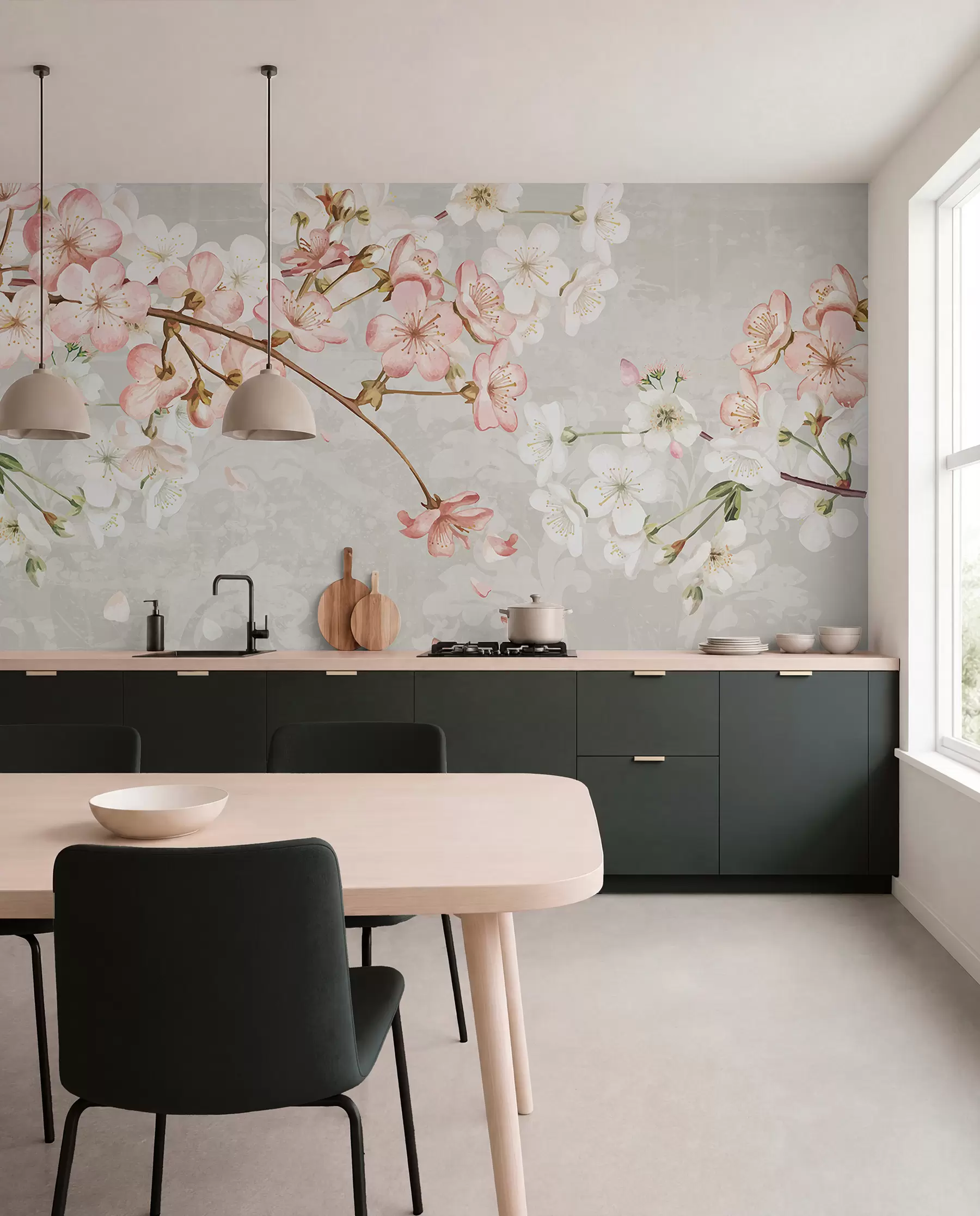 murales de pared Flores de cerezo rosas y blancas en plena floración, con suaves pétalos que caen sobre un fondo beige texturizado w08254v1
