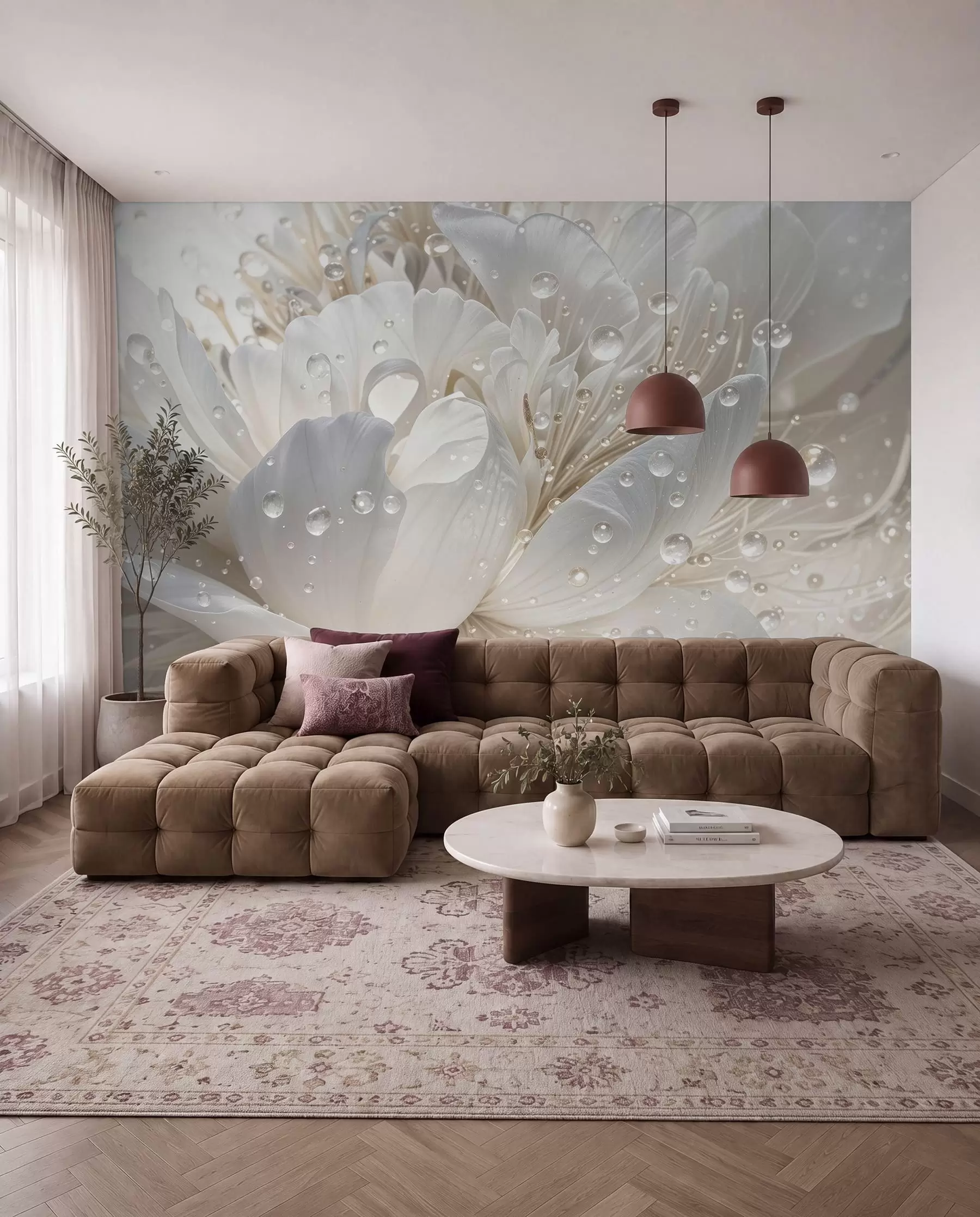 murales de pared Primer plano de una flor de peonía blanca con delicados pétalos y gotas de agua w08262
