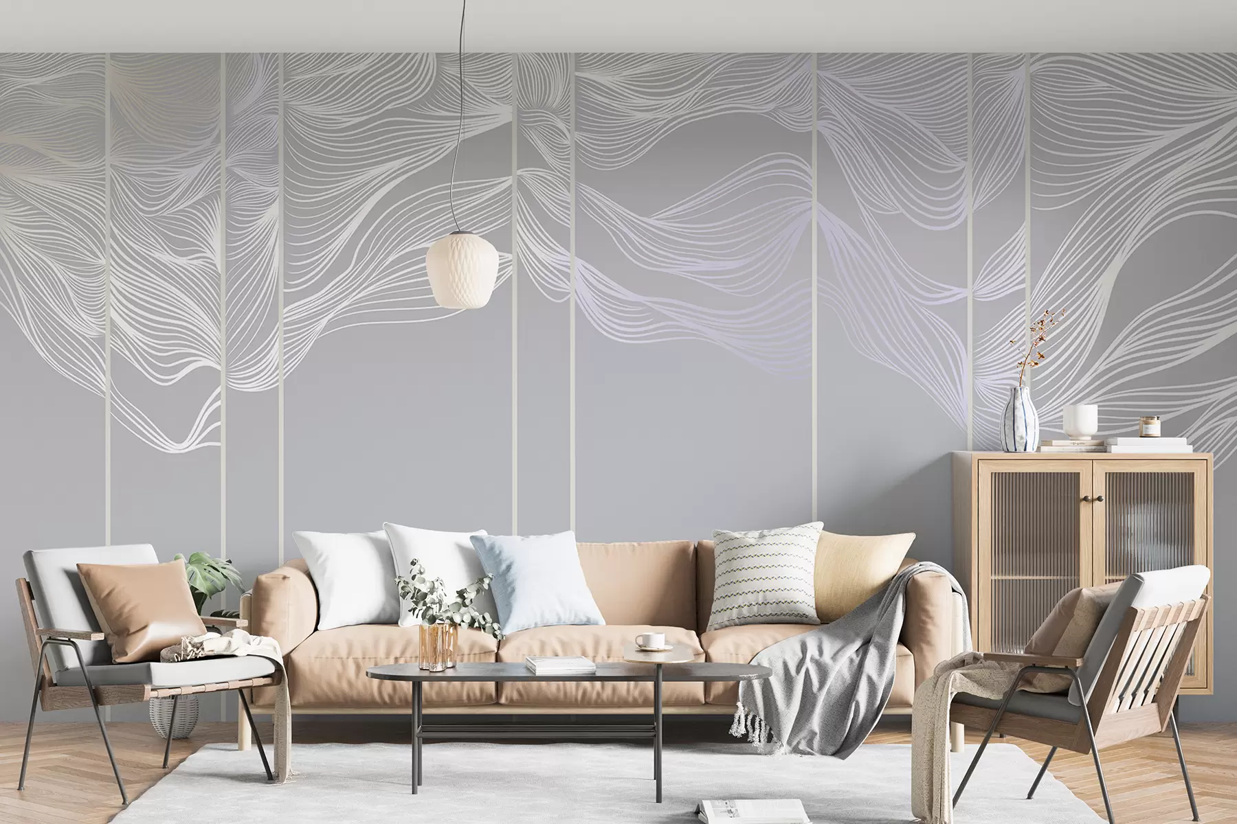 murales de pared Ondas abstractas de líneas blancas sobre fondo gris claro w08263v1