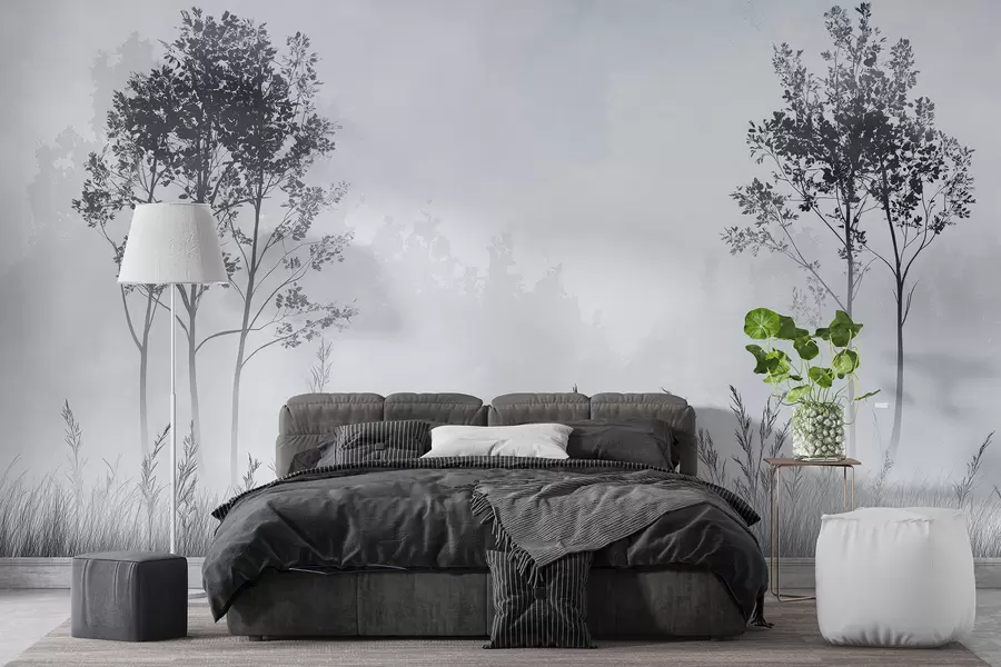 murales de pared Bosque brumoso, paisajes naturales, pradera, árboles, color gris w01547v1