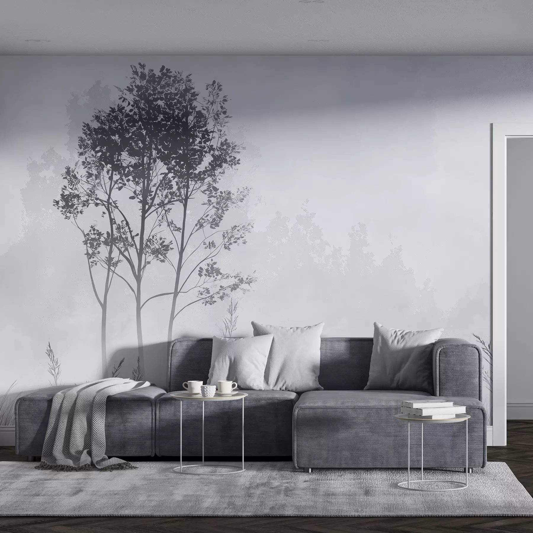 murales de pared Bosque brumoso, paisajes naturales, pradera, árboles, color gris w01547v1