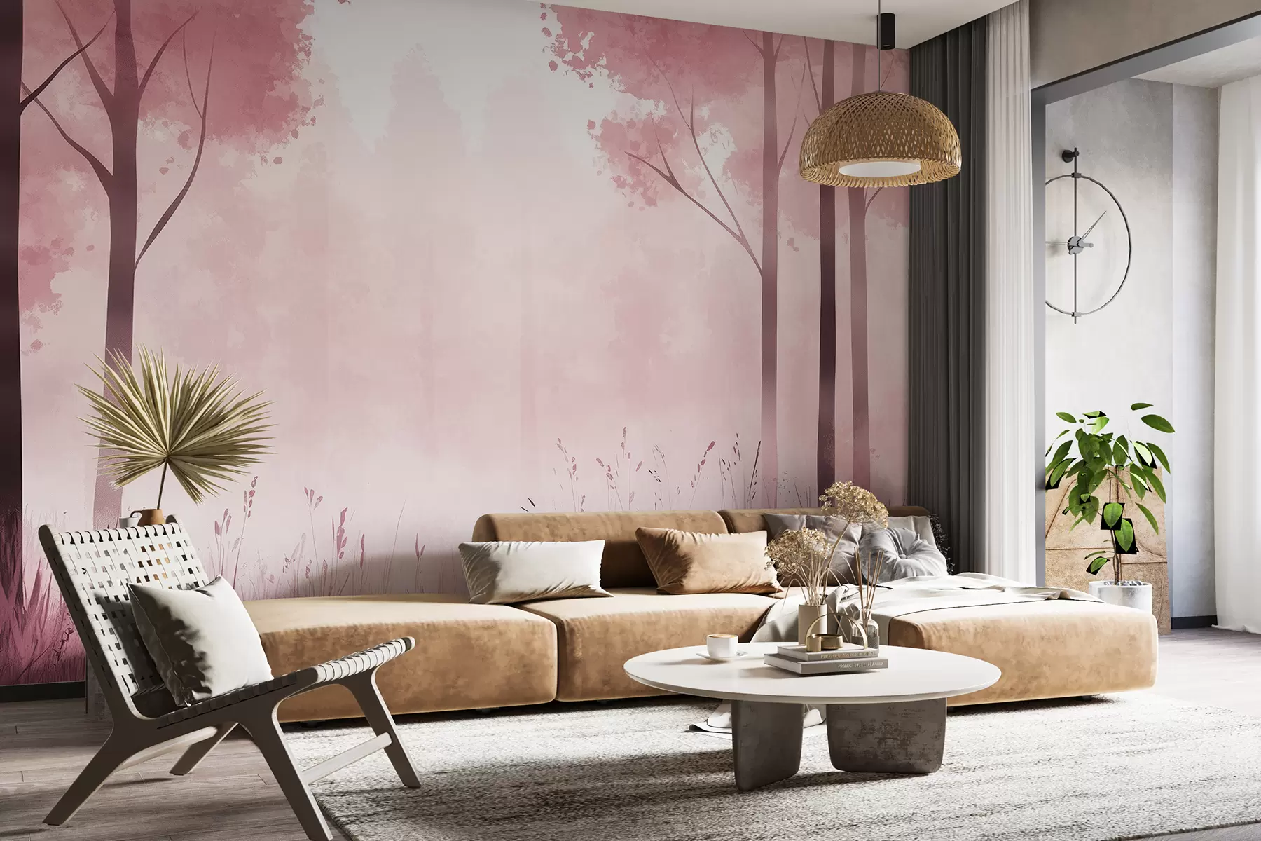 murales de pared Acuarela bosque, niebla, árboles, hierba, paisaje natural, color rosa w01563v1