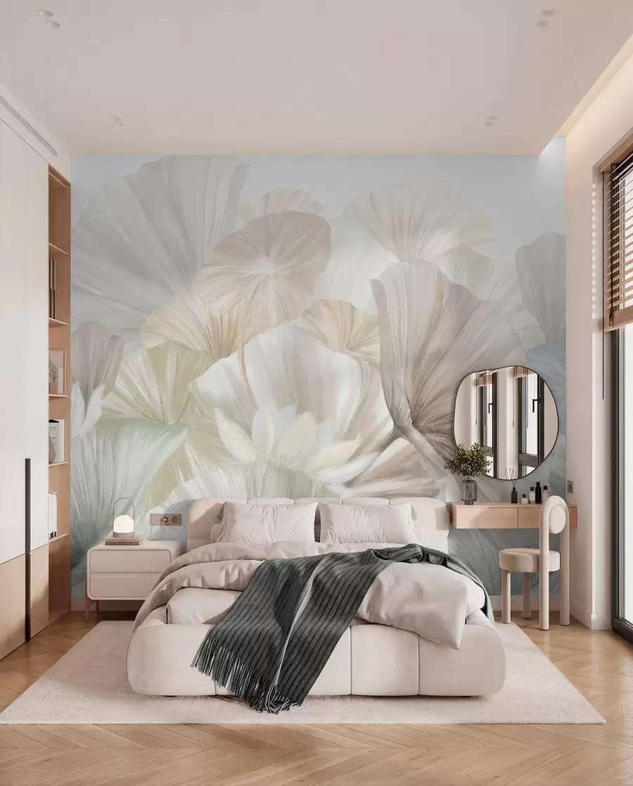 murales de pared Delicadas hojas de loto verde con flores blancas de pétalos suaves y plumosos dispuestas en una composición artística natural w08265