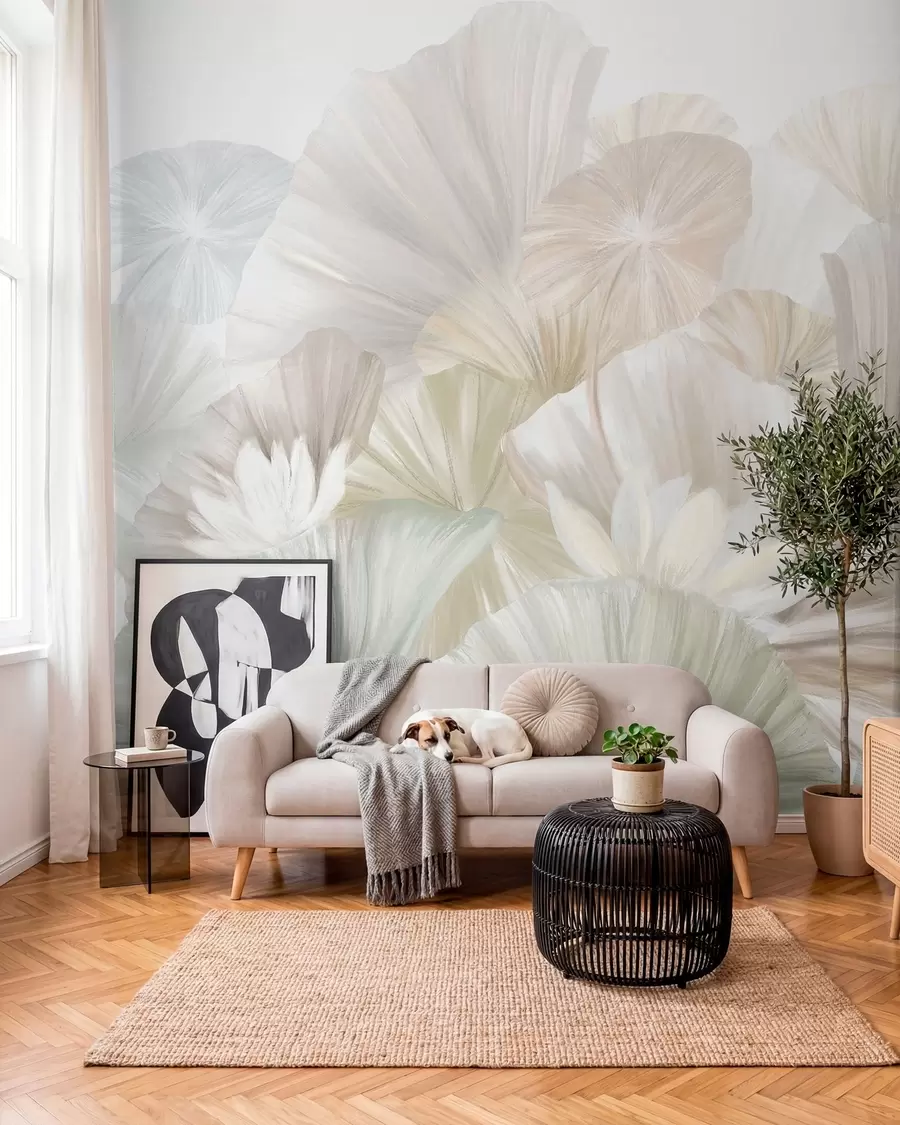 murales de pared Delicadas hojas de loto verde con flores blancas de pétalos suaves y plumosos dispuestas en una composición artística natural w08265