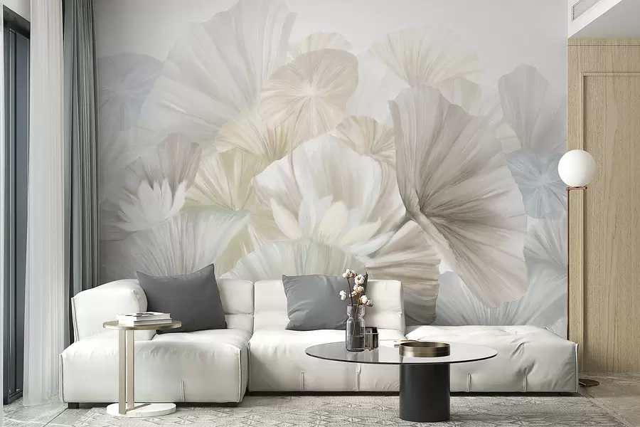 murales de pared Delicadas hojas de loto verde con flores blancas de pétalos suaves y plumosos dispuestas en una composición artística natural w08265