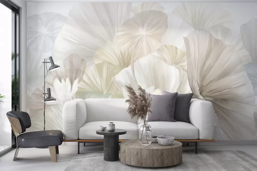 murales de pared Delicadas hojas de loto verde con flores blancas de pétalos suaves y plumosos dispuestas en una composición artística natural w08265